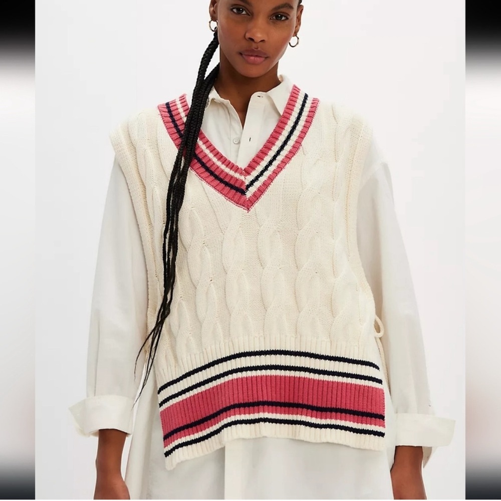 Free People Coastal Prep Poncho Vest in Pink/Cream OS NWT